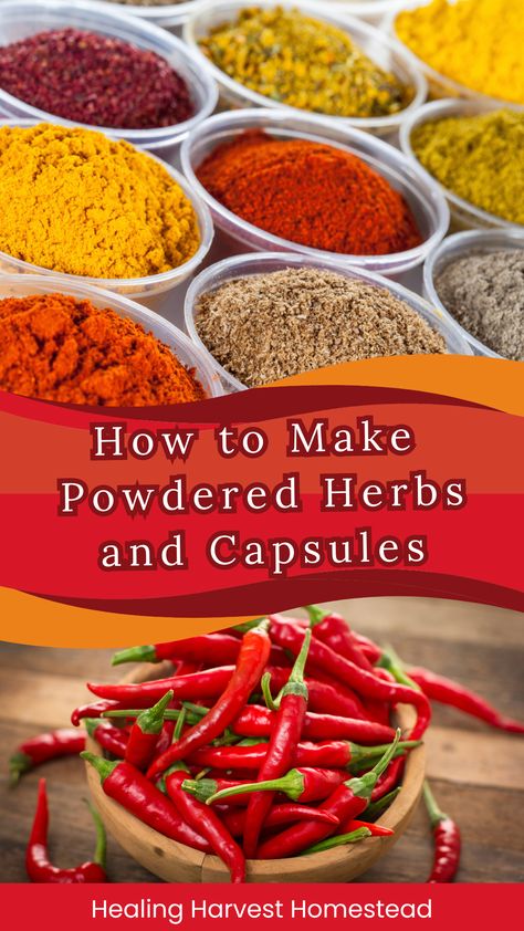 Photos of cayenne peppers and herbal powders Medicinal Recipes, Witchy Herbs, Herbs Recipes, Herbal Capsules, Dry Spices, Herbal Medicine Recipes, Herb Recipes, Herbal Recipes, Powder Recipe