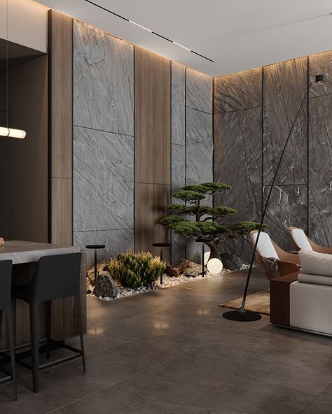 CONTEMPORARY LIVING on Behance Zen Interior Design, Zen Living Room, Modern Japanese Interior, Penthouse Design, Zen Interiors, Lobby Interior Design, Zen Style, Lobby Interior, Lobby Design