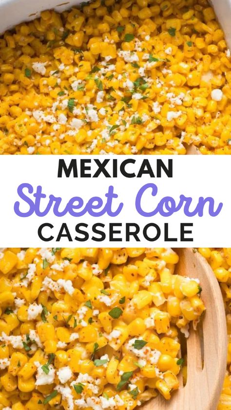 This Mexican street corn casserole brings all the flavors of elotes into an easy-to-make dish. With sweet corn, tangy mayo, and crumbled cheese, this comforting Mexican fiesta food is a perfect side for any meal. Make this Southern comfort food for your next gathering! Mexican Street Corn Side Dish, Corn Side Dishes Easy, Mexican Thanksgiving Dinner Ideas, Easy Street Corn Recipe, Mexican Street Corn Casserole Recipe, Elote Corn Recipe, Street Corn Casserole Recipe, Best Mexican Street Corn Recipe, Easy Street Corn