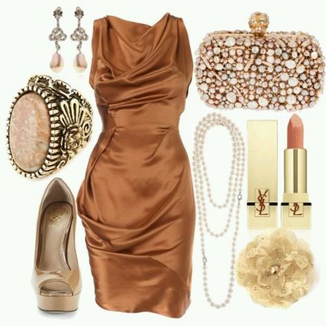 Copper dress, jewelled clutch Copper Dress Outfit, Copper Dress, Dressy Attire, Just My Type, Diva Fashion, Fashion Sets, Classy Women, Dress Outfit, Beautiful Fashion