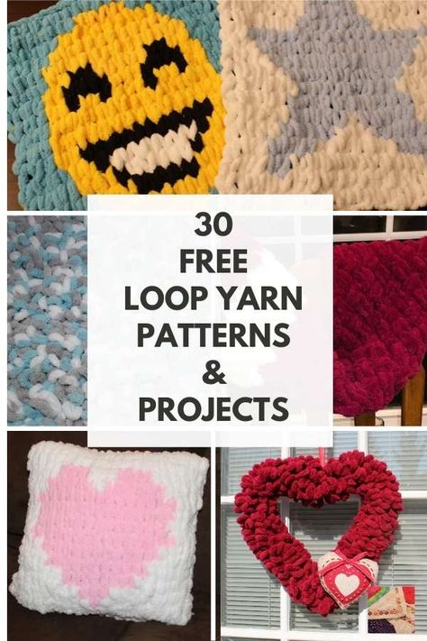 Loop yarn is a popular new way to knit without knitting needles. We have a roundup of 30 free patterns for loop yarn and some are our own tutorials. Things To Make With Loop Yarn, Loop Yarn Hat, Loop Yarn Ideas, Loopy Yarn Patterns, Loop Yarn Patterns Free, Finger Loop Yarn Projects, Loopy Yarn Projects, Loop Yarn Pillow, Loopy Yarn Projects Easy