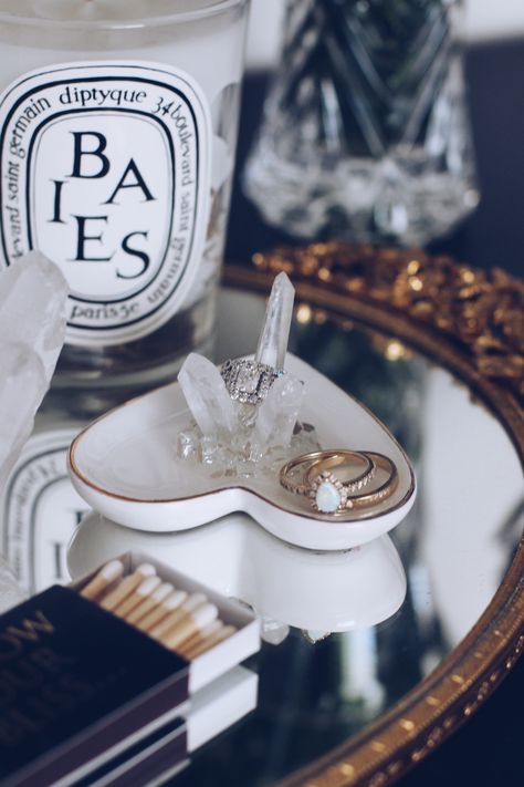 5 Thrift Finds for a Fabulous Vanity - Sarah Grace at Home How To Style Crystals At Home, Matches Decor, Small Powder Bathroom, Quartz Crystal Decor, Sarah Grace, Gem Decor, Powder Bathroom, Mirrored Tray, Essential Oils Collection