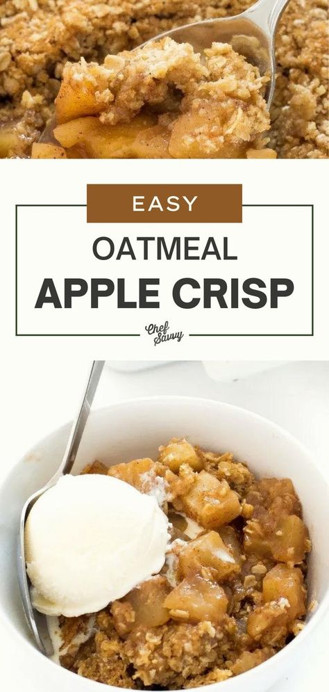 Save this Easy & Healthy Oatmeal Apple Crisp Recipe. This easy Oatmeal Apple Crisp recipe is reminiscent of homemade apple pie and apple cobbler. Topped with a crunchy oat streusel and filled with fresh baked apples, this is sure to be your favorite fall-inspired dessert. Follow Chef Savvy for more easy and delicious holidays recipes! Fresh Apple Pie Recipe, Oatmeal Apple Crisp, Easy Healthy Oatmeal, Apple Cobbler Easy, Apple Crisp No Oats, Healthy Fall Snacks, Apple Crisp With Oatmeal, Apple Crisp Dessert, Homemade Apple Crisp