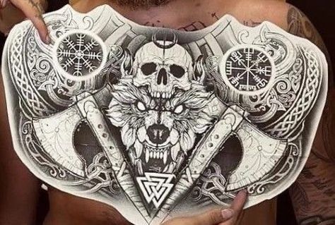 Viking Warrior Sleeve Tattoo For Men, Viking Tattoos Chest, Norse Tattoo Chest, Viking Tattoos Design, Viking Mythology Tattoos, Norse Chest Tattoo Men, Pagan Tattoo Designs, Viking Tattoo Drawings, Traditional Wolf Chest Tattoo