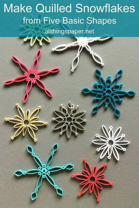 how to make quilled snowflakes from five basic shapes Diy Snowflake Ornaments, Snowflake Ornaments Diy, Quilled Snowflakes, Diy Snowflake, Quilling Supplies, Art Quilling, Quilling Christmas, Paper Quilling Patterns, Quilled Creations