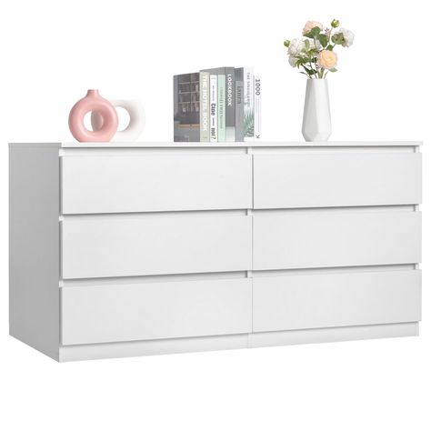 PRICES MAY VARY. 【6 Drawer Dresser for Bedroom】 Modern dresser has 6 spacious storage drawers, which can store your clothes, toys, books, or any other personal items, making it easier for you to sort and store clutter! spacious tabletop is perfect to place frequently used items, keeping them in your reach. 【Perfect Combination of TV Stand and Dresser】This chest of drawers can be combined with your wall-mounted TV as an entertainment center. The 6 large drawers are great to display CDs, DVDs, gam White Dresser Ikea, Dresser For Tv Stand, Pink And White Dresser, Cute White Dressers, White Nursery Dresser, Ikea 5 Drawer Dresser, Deep Dresser Drawers, Tv Drawer, Bedroom Dresser Modern