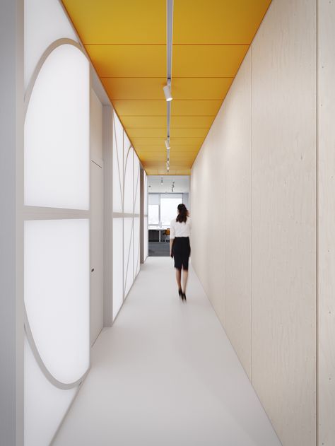 Bright Office Space, Bright Office, Yellow Office, Yellow Ceiling, Corridor Design, Open Ceiling, Hospital Interior, School Interior, Office Space Design