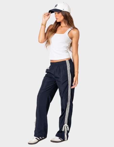 EDIKTED Remy Ribbon Womens Track Pants - NAVY | Tillys Navy Blue Track Pants Outfit, Navy Track Pants Outfits, Blue Track Pants Outfit, Tillys Outfits, Hoco Fits, Adidas Track Pants Outfit, Womens Track Pants, Track Pants Outfit, Back To School Fits