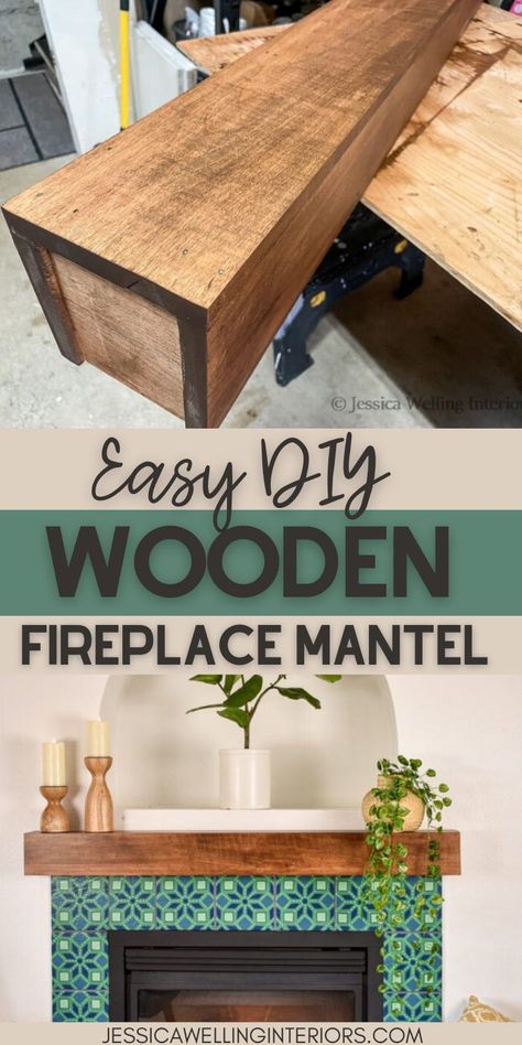 Build a quick and easy DIY fireplace mantel with this simple tutorial. Diy Farmhouse Fireplace Mantle, Diy Wrap Around Fireplace Mantle, Diy Mantels Ideas Fireplace, Butcher Block Mantle, Easy Fireplace Mantle Diy, How To Build A Mantle Shelf, Diy Fireplace Mantle Shelf, Diy Wooden Mantle Fireplace Mantels, Diy Rustic Fireplace Mantel