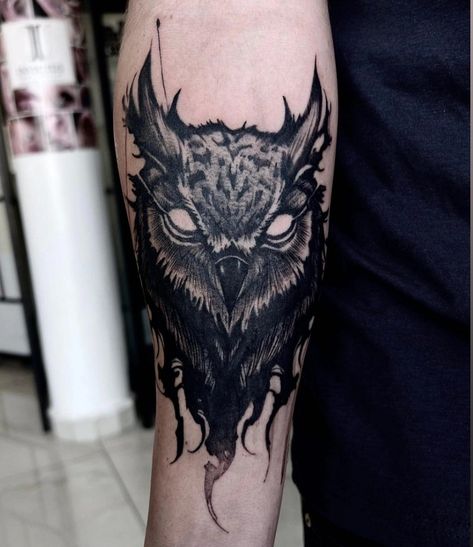 Owl head tattoo Masculine Owl Tattoo, Spooky Owl Tattoo, Gothic Owl Tattoo, Horned Owl Tattoo, Owl And Skull Tattoo, Owl Tattoo Men, Black Owl Tattoo, Owl Skull Tattoos, Moutain Tattoos