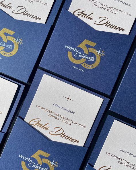 We had the incredible opportunity to design the invitation suite for @westsleagueclub 50th Gala Dinner. It was truly rewarding to see our work contribute to such a significant occasion. The invitation suite featured high end details including gold foil press, gold metallic and white ink on premium cushion card stock all sat within an on-brand pocket. Gracie Creative is just as passionate about bringing a high level of creativity and attention to detail for corporate events as we are for our... Save The Date Gala, Premium Invitation Card, Premium Invitation Card Design, Invitation Card Design Business, Corporate Anniversary Design, Corporate Invite Design, Gala Graphic Design, Gala Dinner Invitation, Gala Invitation Design