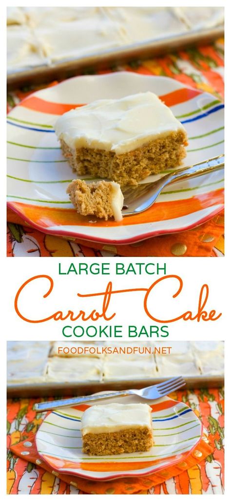 Carrot Cake Cookie Bar Recipe - perfect for Easter, Spring celebrations, and even bake sales! | www.foodfolksandfun.net | #SpringEats Carrot Cake Cookie Bars, Cake Cookie Bars, Carrot Cake Cookie, Entertaining Desserts, Bake Sale Treats, Carrot Cake Bars, Bake Sale Recipes, Fundraiser Ideas, Cookie Bar