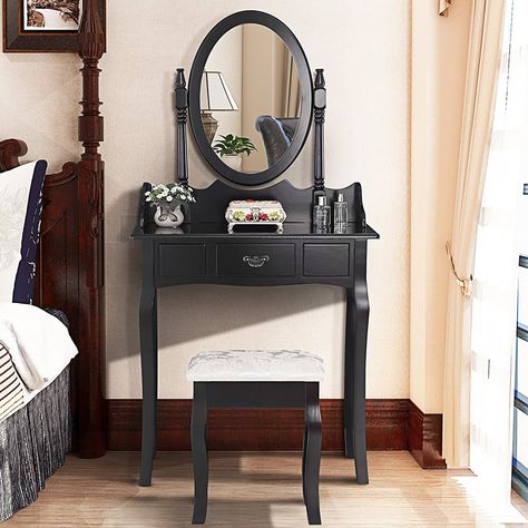 Small Vanity Ideas Bedroom, Wood Makeup Table, Black Dressing Tables, Restoration Hardware Dining, Graffiti Ideas, Small Grey Bedroom, Hanging Chair From Ceiling, Mid Century Office Chair, Makeup Dressing Table