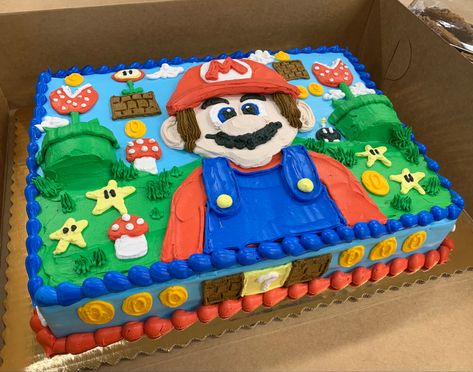 Super Mario Sheet Cake, Food Theme Cake, Mario Sheet Cake, Kid Birthday Cakes, Birthday Core, Pretty Pastries, Dq Cakes, Message Cookies, Rose Cakes