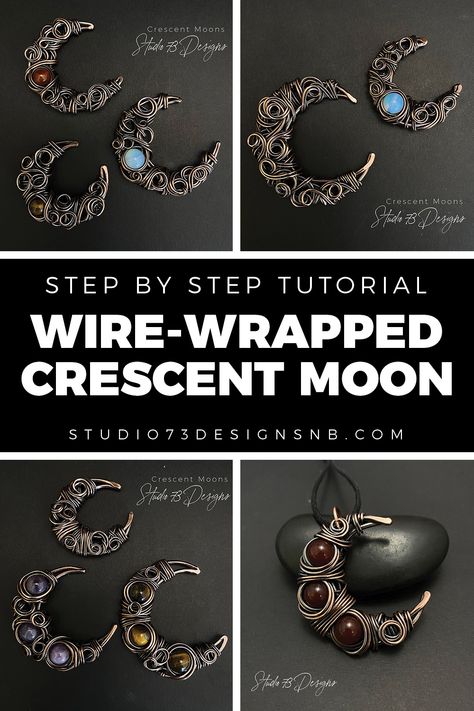 Wire Wrapped Jewelry Tutorials Free Moon, Crescent Moon Wire Wrap Tutorial, Wire Wrap Cauldron Tutorial, Witchy Wire Jewelry, Wire Crescent Moon, How To Wire Wrap Crescent Moon Crystal, Wire Wrapped Crescent Moon, Wire Moon Pendant, Wire Wrap Designs