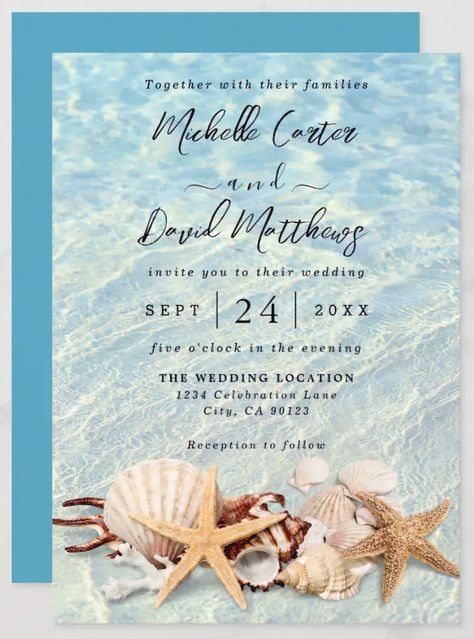 Available in Zazzle. #wedding #tropical #ocean #beach #seashell #invitation #savethedate #weddingcards #zazzle Seashell Invitation, Beach Invitations, Seashell Wedding, Wedding Tropical, Beach Bridal Showers, Tropical Ocean, Zazzle Wedding, Beach Bridal, Wedding Collection