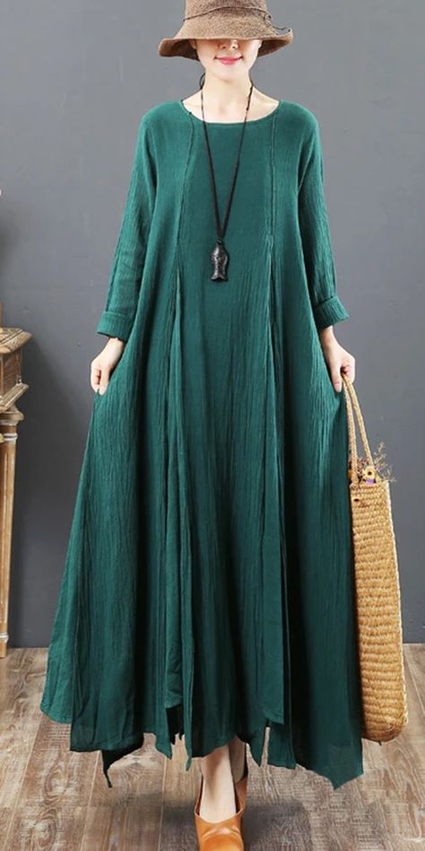 Loose Dress Outfit, Chiffon Blouses Designs, Linen Style Fashion, Green Autumn, Western Dresses For Women, Clothes Plus Size, Loose Dresses, Travel Clothes, Pattern Dress Women