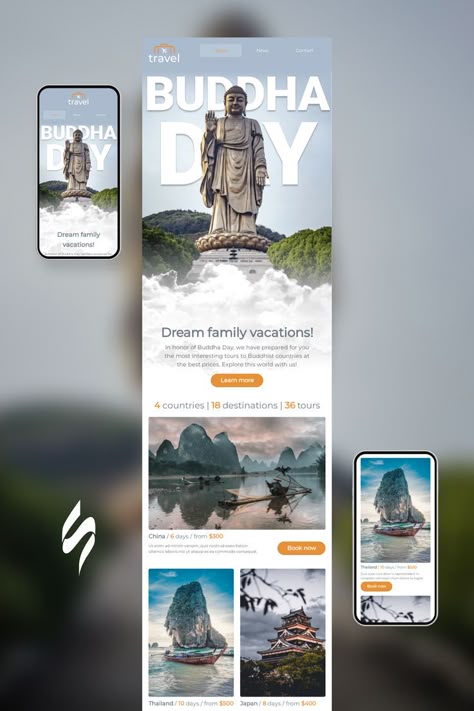 Buddha day Email Template «Dream family vacations» for Travel industry. Create eye-catching templates that leave a lasting impact.🌠🌟 Follow us on Pinterest for design and marketing hacks! 📈💌 #buddhaday #stripoemail #emaildesigninspiration #emailnewsletter #emailtemplate #emaildesign #emailmarketing #emailcampaigndesign Travel Email Design, Email Marketing Newsletter Design, Newsletter Design Layout, Newsletter Design Inspiration, Mailing Design, Email Flyer, Free Email Templates, Marketing Hacks, Holiday Booking