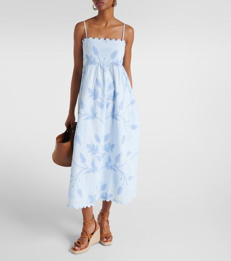 Scalloped floral cotton midi dress in blue - Juliet Dunn | Mytheresa Luxury Staud Spring Midi Dress, Staud Luxury Summer Midi Dress, Chic Blue Staud Dress, Staud Blue Spring Dress, Erdem Blue Dress, Spring Sunglasses, Spring Knitwear, Midi Skirt Spring, Alexander Mcqueen Clothing