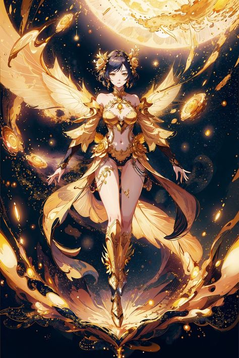 Anime Sun Goddess, Sun Woman Art, Gold Character Art, Yellow Character Design, Sun Character Design, Sun Goddess Art, Desert Fairy, Air Goddess, Sun Fairy