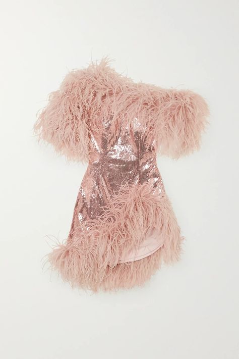 Cocktail Dress 2022, Sequin Feather Dress, Feather Outfit, Balenciaga Clutch, Crepe Midi Dress, Fashion Trends Winter, Pink Feathers, Whimsical Fashion, Feather Dress