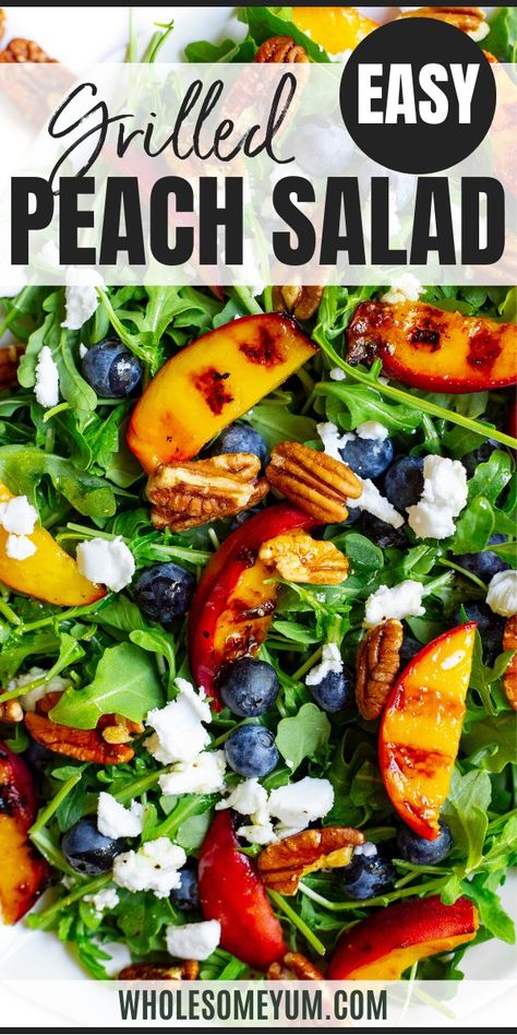 Grilled Peach Salad Dinner With Fruit Healthy Recipes, Essen, Brussel Sprout Peach Salad, Salad With Peaches And Goat Cheese, Peaches Salad Recipes, Roasted Peaches Salad, Peach Corn Salad, Peach Salad With Honey Dressing, Grill Peach Salad