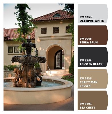 Paint colors from Chip It! by Sherwin-Williams Tuscany Exterior Paint Colors, Tuscan Exterior, Exterior Stucco, Spanish Homes, Stucco Colors, Mediterranean Homes Exterior, Mediterranean Exterior, Tuscan Design, Exterior Paint Color