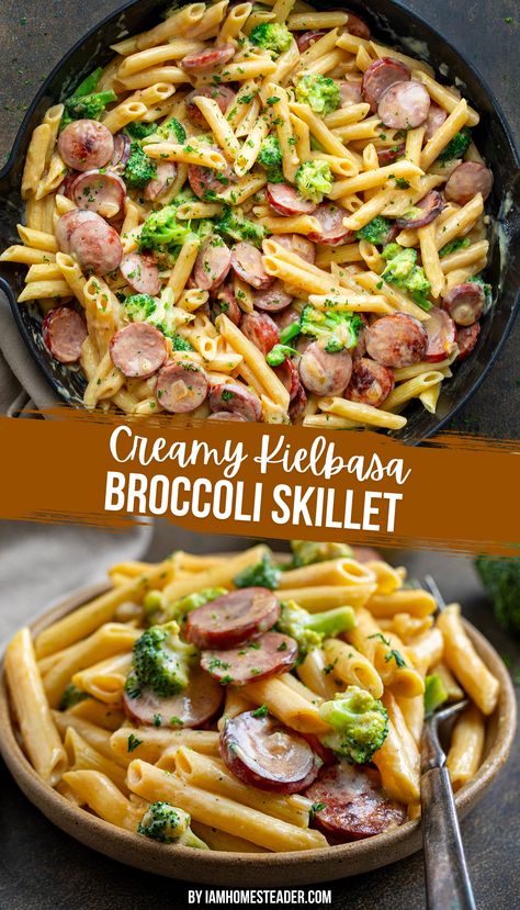 One image shows the pasta in a black skillet. The second image shows the pasta on a small beige plate with a silver fork. Toddler Family Meals, Kielbasa Broccoli, Creamy Kielbasa, Kilbasa Sausage Recipes, Kielbasa Skillet, Kabasa Recipes, Broccoli Skillet, Sausage Recipes For Dinner, Kielbasa Recipes