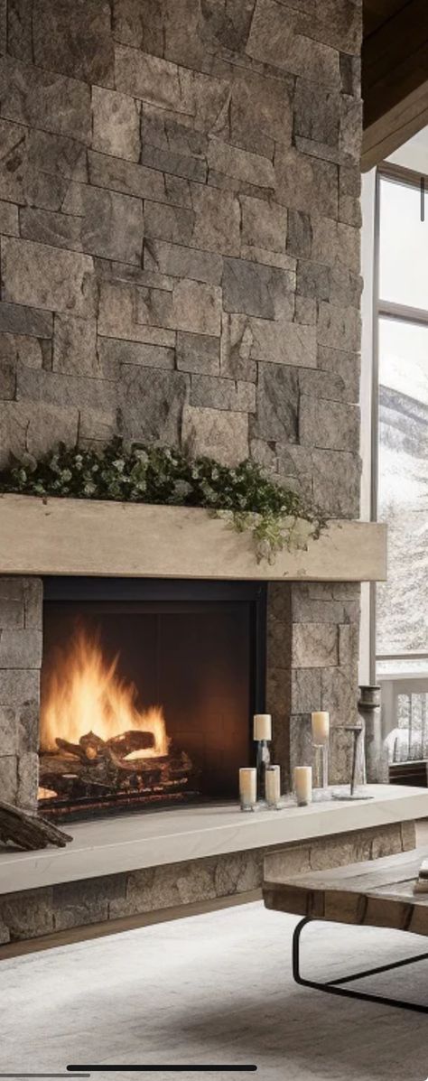 Limestone Fireplace Hearth, Fireplace Bench, Above Fireplace Ideas, Stone Fireplace Decor, Wood Mantle Fireplace, Fireplace Brick, Hearth Stone, Tall Fireplace, Stacked Stone Fireplaces