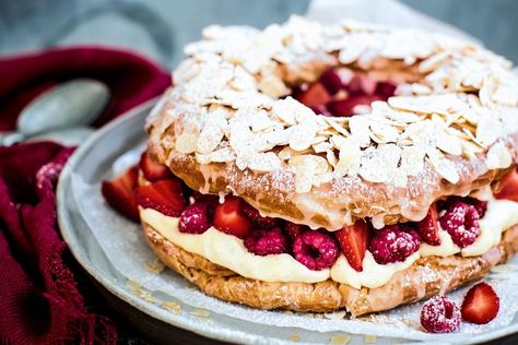 This strawberry and raspberry Paris-Brest is Katie Quinn Davies' version of a giant eclair. What Katie Ate, Paris Brest, Delicious Magazine, French Desserts, Delicious Cakes, French Pastries, Cream Puffs, Eclairs, Pavlova