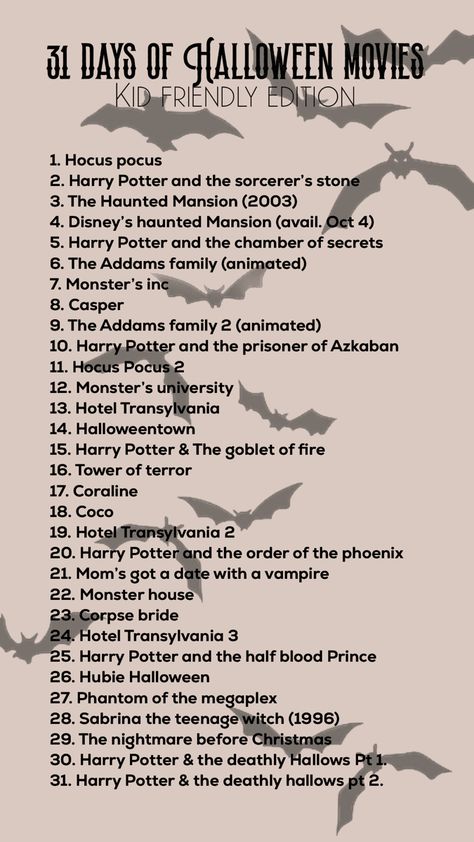 Halloween Movies To Watch In October, Abc Family Halloween Movies, Halloween Movies Checklist, Halloween 31 Day Movie Challenge, Scary Movies To Watch On Halloween, October Movie Challenge, Best Fall/halloween Movies, Halloween Movie Marathon Snacks, Kids Halloween Movie List