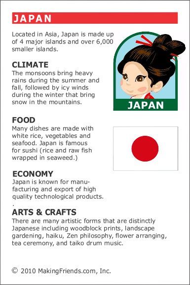 MakingFriends Facts about Japan Printable Thinking Day fact card for our passports. Perfect if you chose Japan for your Girl Scout Thinking Day or International Night celebration. Around The World Crafts For Kids, Geography Homeschool, Facts About Japan, Japan For Kids, Japan Drawing, Japan Facts, Japan Pictures, Japan Boy, Homeschool Montessori