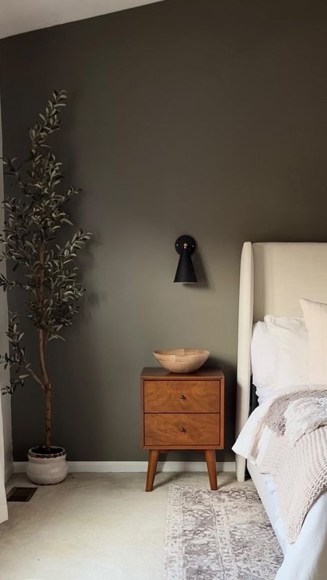 Bed Colours Color Schemes, Dark Spare Bedroom Ideas, Dark Neutral Accent Wall, Dark Wall Paint Colors Bedroom, Two Wall Colors Bedroom, Coloured Accent Wall, Small Bedroom Gray Walls, Moody Small Master Bed, Grey Green Bedroom Walls