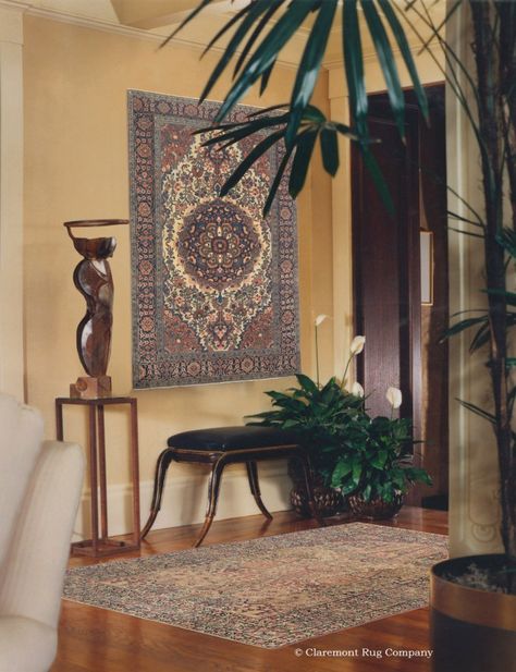 The Ferahan Sarouk on the Wall and the Laver Kirman Antique Carpet on the Floor Heighten Each Other’s Charm http://www.claremontrug.com/client-home-interiors-design/rugs-on-wall-and-floor/ Fabric Wall Decor, Antique Persian Carpet, Art Deco Living Room, Global Decor, Interior Design Rugs, Rug Wall Hanging, Wall Rug, Natural Area Rugs, Interior Wall Design