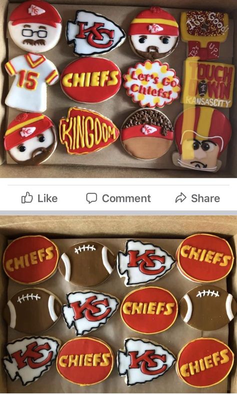 Chiefs Themed Desserts, Kc Chiefs Superbowl Food, Cheifs Superbowl Party, Chiefs Football Cookies, Kc Chiefs Cake Pops, Patrick Mahomes Cookies, Kc Chiefs Sugar Cookies, Chiefs Party Food, Kc Chiefs Charcuterie Board