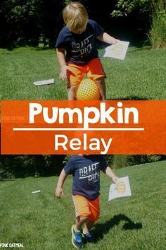 Halloween Themed Gross Motor Game - Pumpkin relay. Could also be used as a fall themed gross motor game. Halloween Sports Games, Pumpkin Olympics, Gross Halloween Games, Preschool Pumpkin, Pumpkin Game, Pumpkin Run, Pumpkins Preschool, Pink Oatmeal, Fall Festival Games