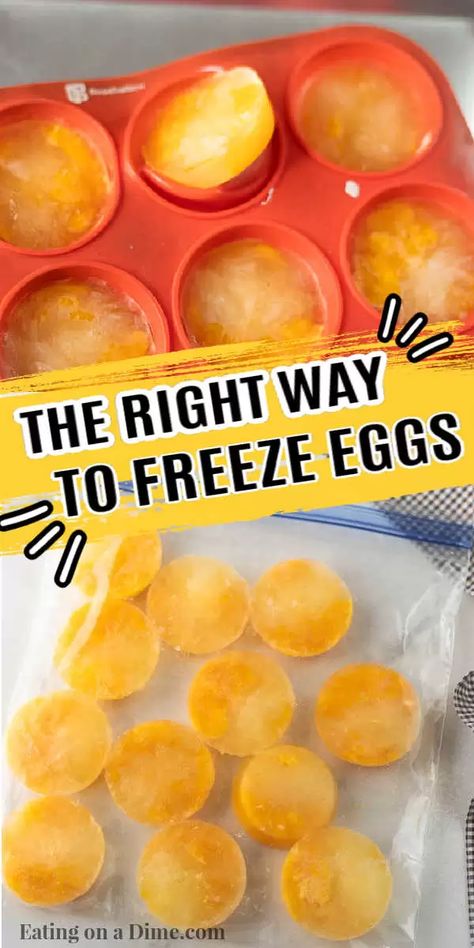 Learn how to freeze eggs the right way without ruining them. Freezing eggs is a great food storage idea. This is the best way to freeze eggs! #eatingonadime #freezingeggs #freezertips Freezing Fresh Produce, Freeze Eggs In Ice Cube Trays, Freezing Eggs In Ice Cube Trays, Freezing Raw Eggs, How To Freeze Eggs The Right Way, Freezing Scrambled Eggs, Egg Storage Diy, Egg Storage Ideas Refrigerators, Freeze Dried Eggs