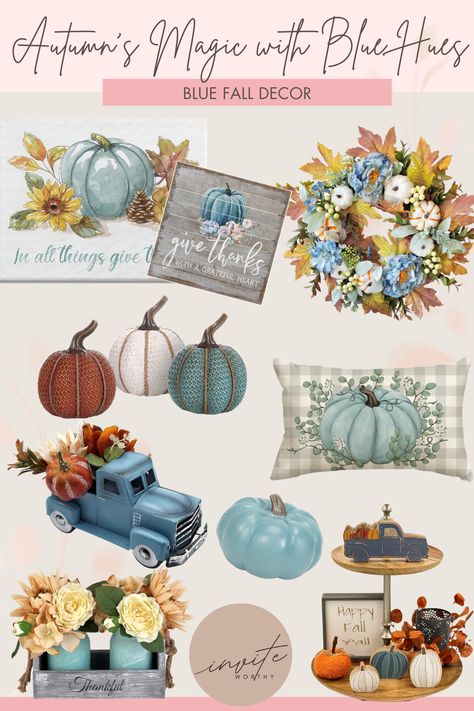 Explore the beauty of fall home decor in calming Hues of Blue, featuring pumpkins, wreaths, and a farmhouse truck for a touch of rustic charm. Create an inviting atmosphere to celebrate the enchantment of autumn! Fall decoration ideas. Blue Fall Bathroom Decor, Fall Decor Blue And Orange, Blue Pumpkin Decor, Country Party Decorations, Blue And Orange Fall Decor, Teal Fall Decor, Pumpkins Wreaths, Autumn Decor Ideas, Orange Fall Decor