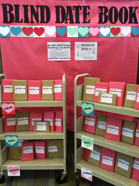 Yep. It's that time of year. Love is in the air. Red roses and cupids abound. And it's time to pick up a blind date with a book. School Library Displays, Library Bulletin Board, Teen Library, Middle School Libraries, Library Book Displays, Blind Date With A Book, Date With A Book, High School Library, Library Inspiration