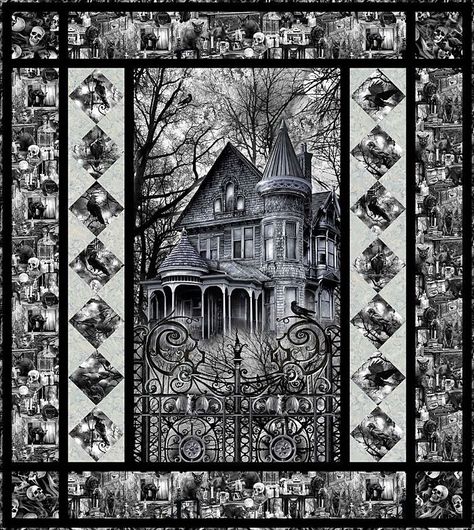 This week’s exclusive eQuilter Free Quilt Pattern features an abandoned Victorian house in desaturated shades of gray and black, perfect for a Halloween project. Haunted House Quilt Patterns, Halloween Quilts Patterns Free, Gothic Quilt Pattern, Gothic Quilt Ideas, Halloween Panel Quilts Ideas Layout, Halloween Panel Quilts, Halloween Quilts Ideas Free Pattern, Halloween Quilts Ideas, Haunted House Quilt