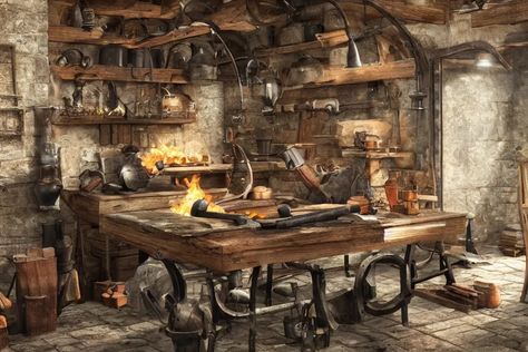 blacksmith, smithy forge, smelting furnace, medieval, | Stable Diffusion Fantasy Smithy Concept Art, Medevil Blacksmith, Fantasy Forge Concept Art, Steampunk Blacksmith, Blacksmith Aesthetic, Medieval Stable, Medieval Forge, Medieval Blacksmith, Magic Workshop