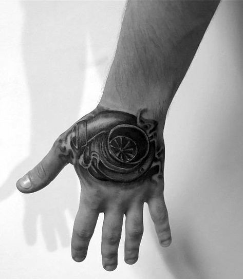 Turbo Tattoo Designs For Men Turbo Hand Tattoo, Guy Hand Tattoos, Turbo Tattoo, Hand Tattoos For Men, Hippie Tattoo, Mechanic Tattoo, Tattoo Ideas For Men, Car Tattoos, Tattoo Designs For Men