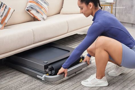 Foldable Treadmill With Incline, Small Treadmill Space, Folding Treadmill Small Spaces, Treadmill Storage Ideas, Hidden Treadmill, Treadmill In Living Room, Treadmill In Bedroom Ideas, Treadmill In Bedroom, Home Gym Treadmill