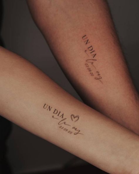 "Un dia a la vez" matching lettering tattoo for couple. Fine Line Spanish Tattoo, Tattoo For Couple, Small Spanish Tattoos, Spanish Quotes Tattoos, Spanish Tattoos, International Tattoo, Couple Matching Tattoo, Date Tattoos, Lettering Tattoo