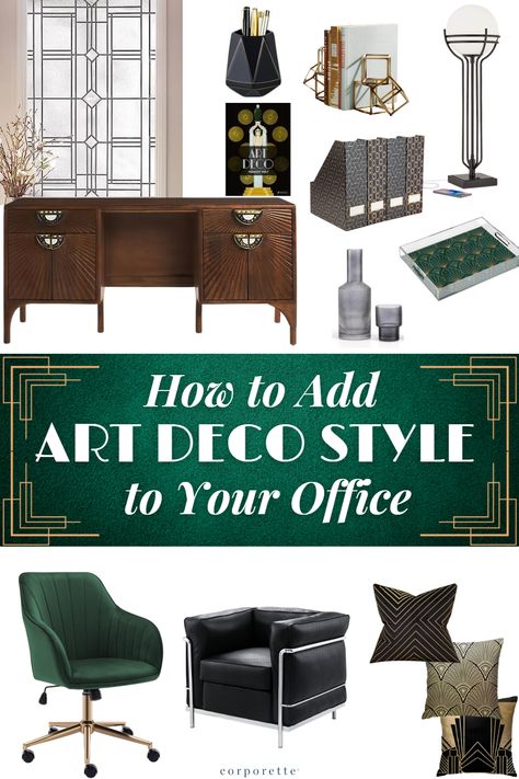 Want to express your personality and style by adding Art Deco style to your office? We've rounded up a ton of office supplies and office furniture to help you make a splash with your office decor whether you've got a cubicle, a private office, or you want to go all out with your home office. Are you a fan of Art Deco inspiration for your office space? Artdeco Interiors Office, Art Deco Office Desk, Art Deco Home Office Ideas, Home Office Art Deco, Art Deco Office Decor, Art Deco Master Bedrooms Decor, 1920s Office Decor, Old Hollywood Office, Art Deco Office Interior