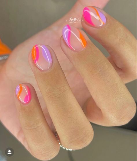 Short Acrylic Abstract Nails, Apres Gel X Nails Short Almond, Color Blocked Nails, Short Circle Nails, Cute Short Almond Acrylic Nails Designs, Summer Nails 2023 Color Trends Almond, Short Oval Nails Designs Summer, Trendy Spring Nails 2024, Fun Summer Nails Bright Short