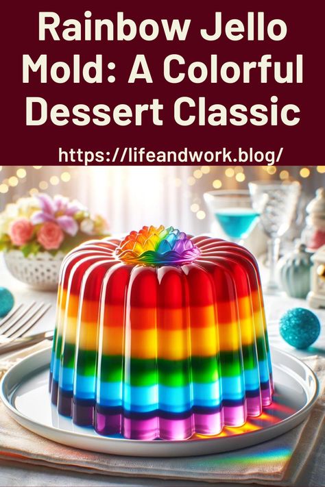 Rainbow Jello Mold: A Colorful Dessert Classic Jello Topping Ideas, Gelatin Mold Recipes, Jello Mould Ideas, Fancy Jello Desserts, Jello Mold Ideas, Jello Mold Desserts, Layered Gelatin Dessert, Rainbow Jello Cake, Mosaic Jello Recipe