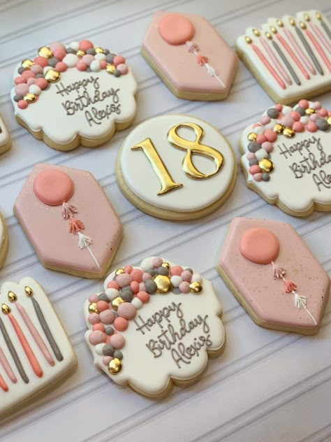 Decorated Birthday Cookies, Birthday Biscuits, Balloon Cookies, Happy Birthday Cookie, Royal Iced Cookies, Cookies Theme, Sugar Cookie Designs, Fondant Cookies, Fancy Cookies