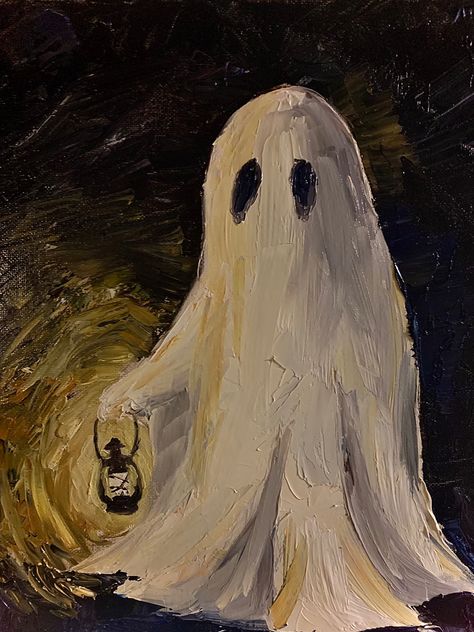 Ghost Oil Pastel, Spooky Oil Painting, Ghost Oil Painting, Ghost Portrait Painting, Sheet Ghost Painting, Scary Things To Paint, Scary Canvas Painting, Ghost Painting Acrylic, Halloween Oil Painting