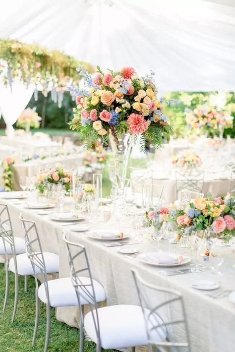 Drake Wedding, Tall Wedding Centerpieces, Aisle Flowers, Tall Centerpieces, Tent Reception, Wedding Summer, Theme Color, Pastel Wedding, St Helena